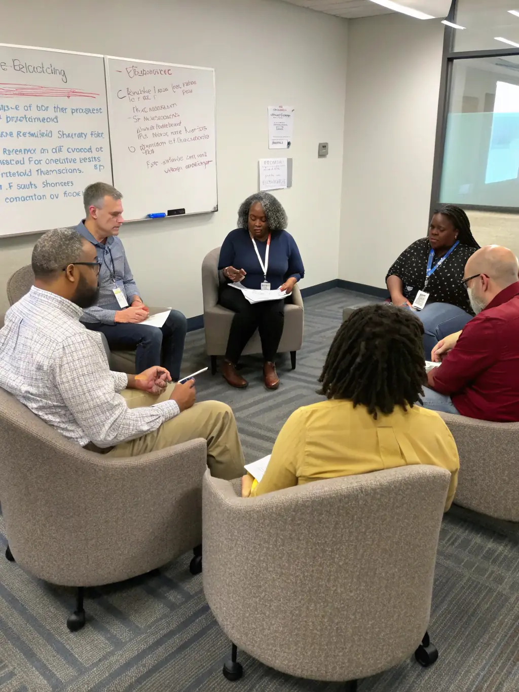 A group of professionals participating in a Mindset Transformation Workshop, engaging in interactive activities and discussions to foster resilience and positivity in a bright, collaborative space.